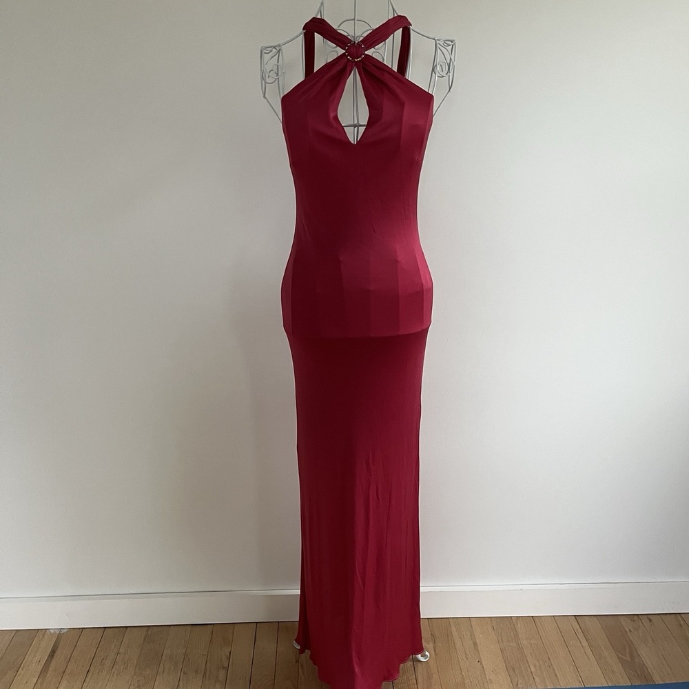 Versus Versace 2001 Fuchsia Pink Bias Cut Gown VTG Rainbow Rhinestone Ring IT 40